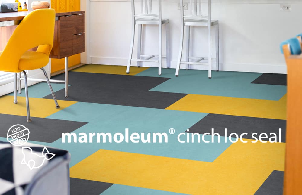 marmo3 Versatile colorful flooring with Marmoleum cinnch loct seal for commercial and residential spaces.