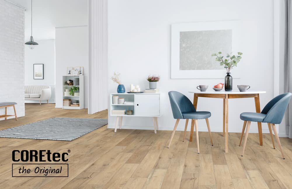 Natural hardwood flooring in a modern dining area.