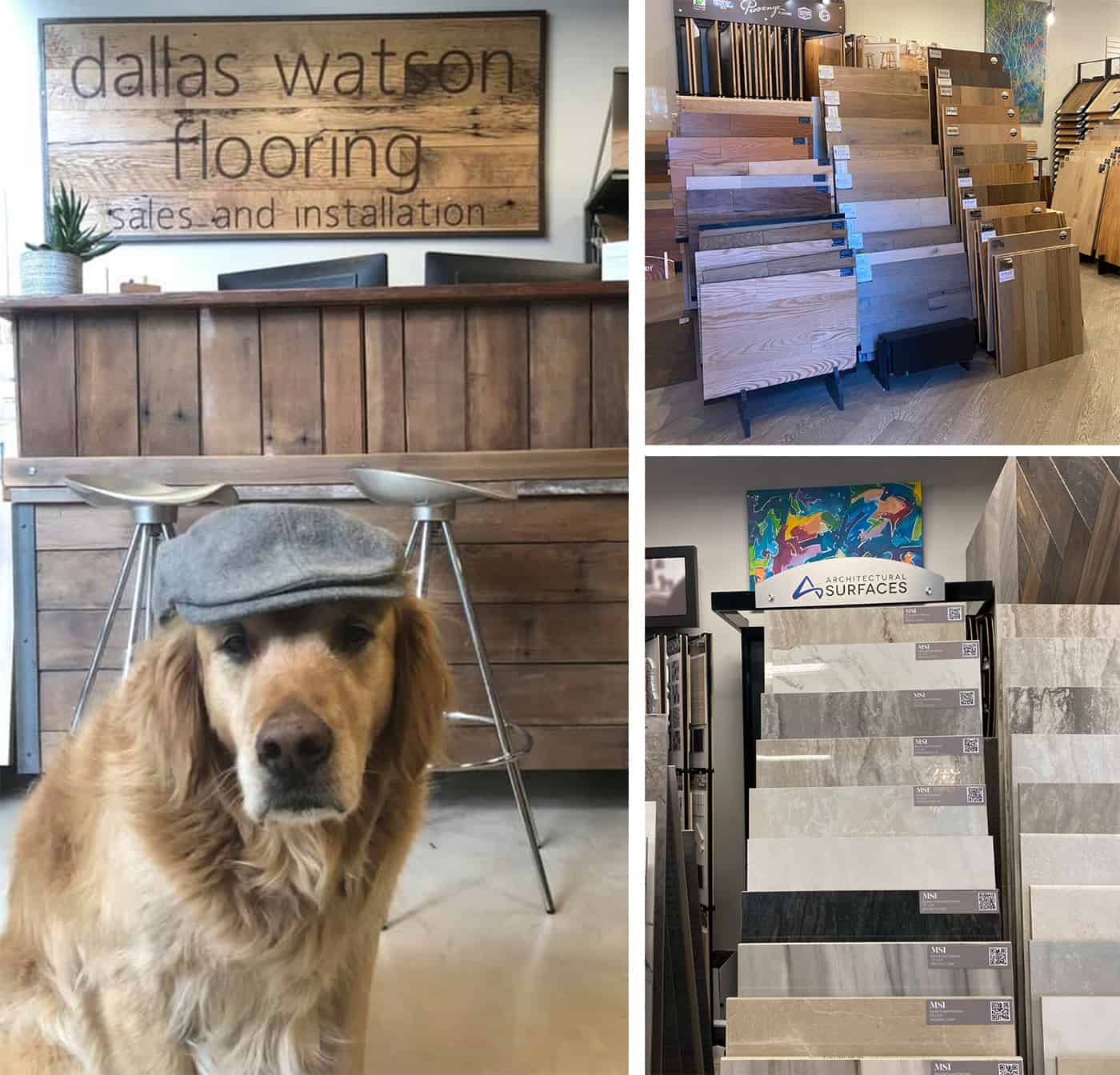 showroomdog3 Wood flooring showroom at Dallas Watson Flooring with sample displays and interior design options.