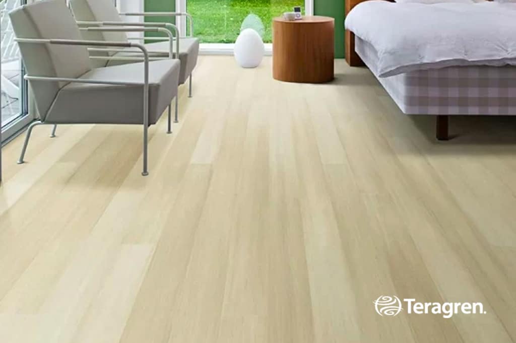 teragen2 Light oak hardwood flooring in modern bedroom interior with large windows.