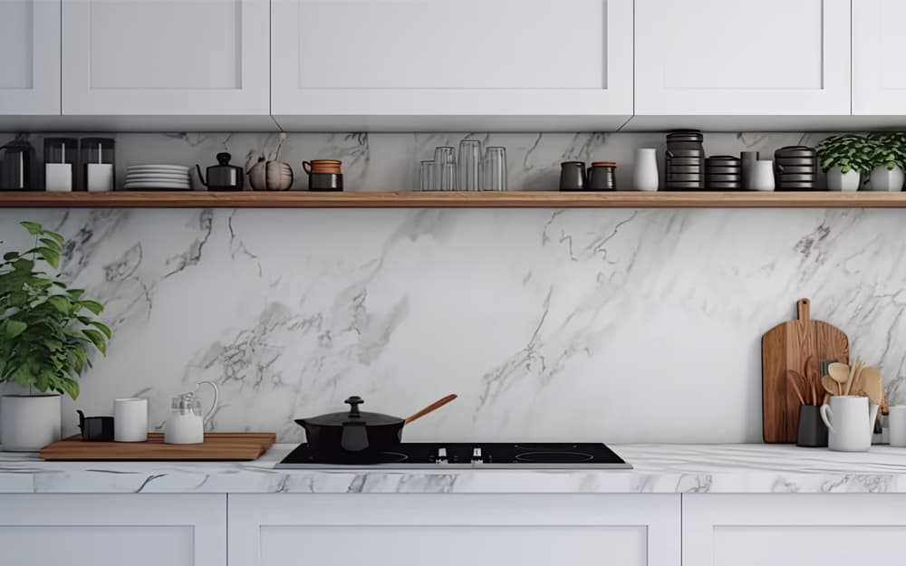 Shaker style white kitchen cabinets with marble backsplash and wooden accents.