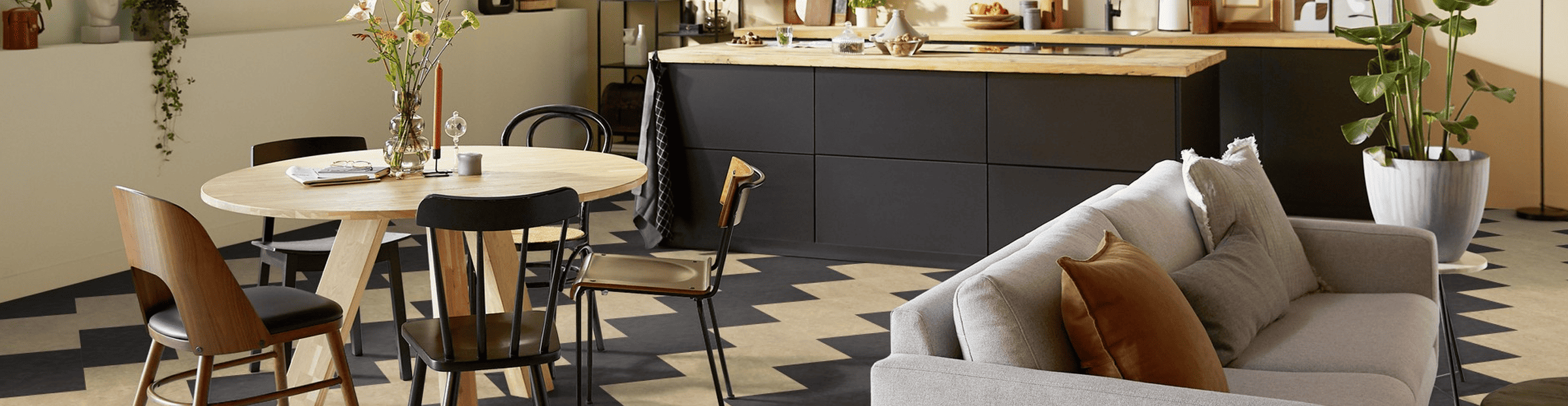 clickloc Hardwood flooring in modern open-concept living and dining area with stylish furniture and decor.