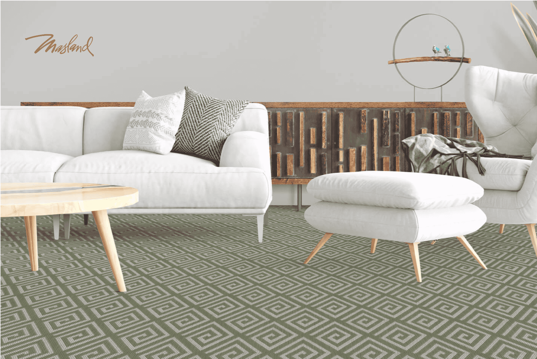 textured Vibrant grey and white patterned area rug in modern living room with white sofa and armchair, showcasing stylish flooring options.